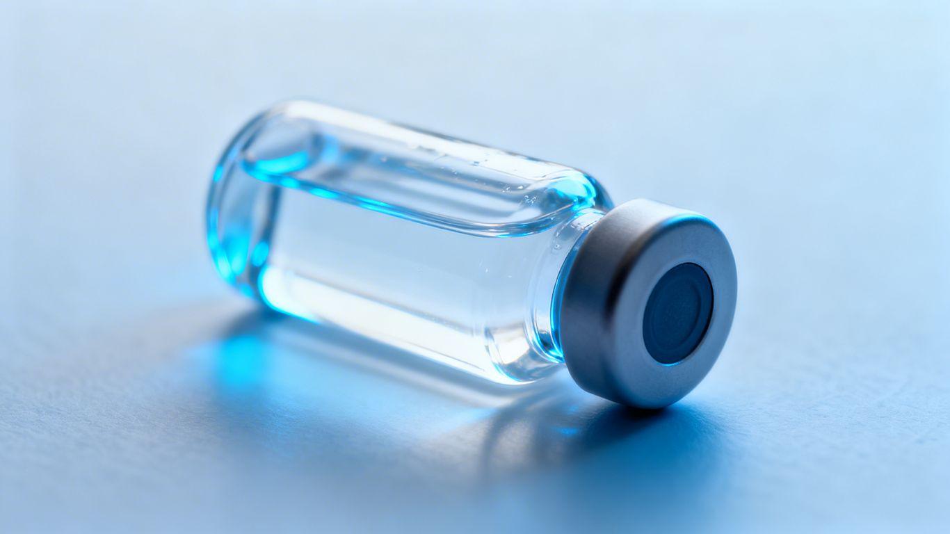 Medical vial with clear liquid, research and healing.