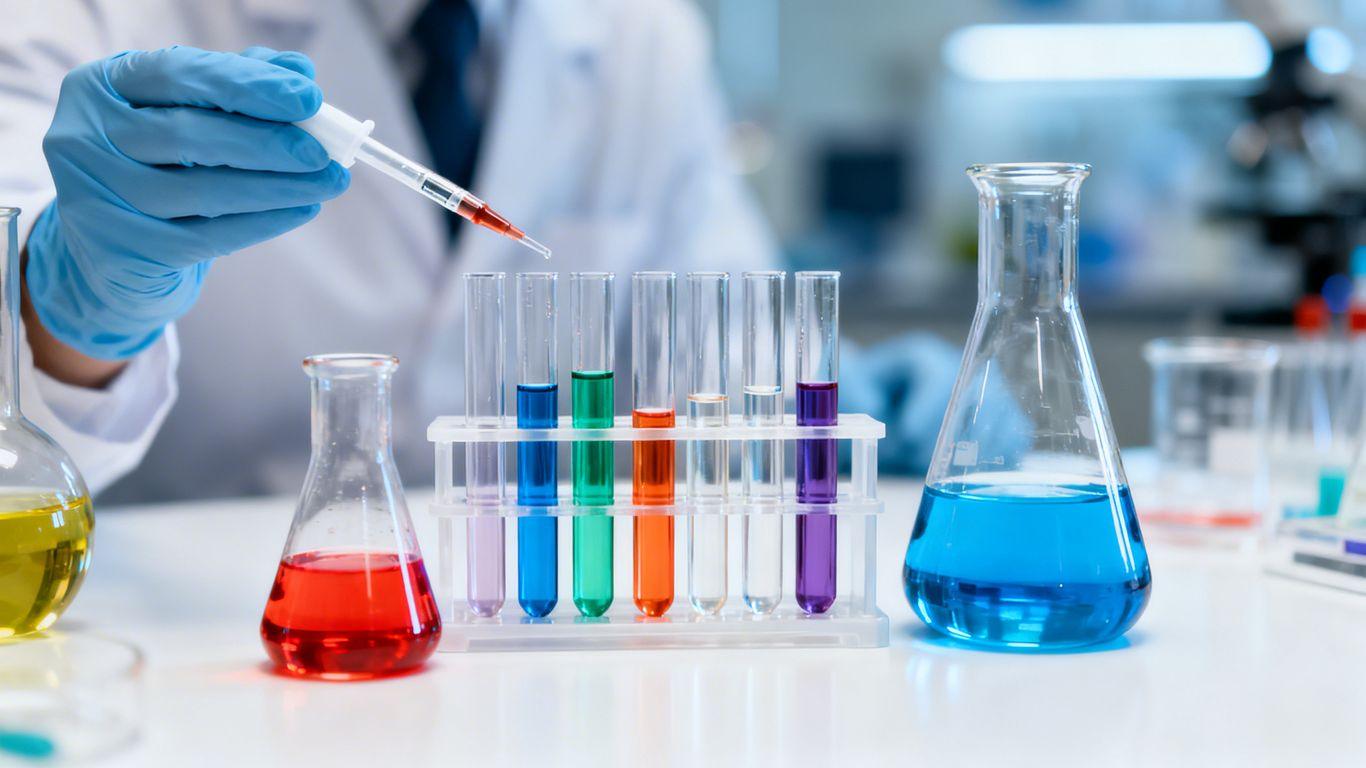 Scientist handling peptides in laboratory glassware