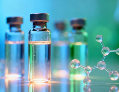 Vials of peptides for weight loss with glowing light.