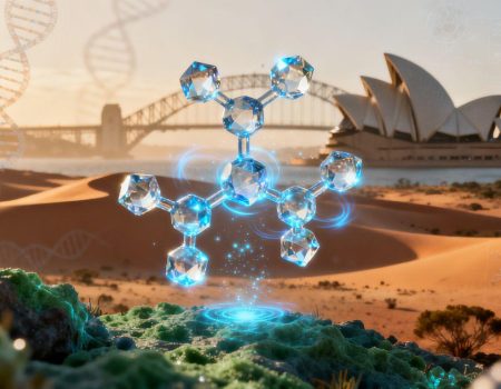 Human Growth Hormone molecules and Australian landscape.