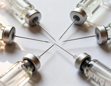 Peptide vials and syringes on a clean surface.