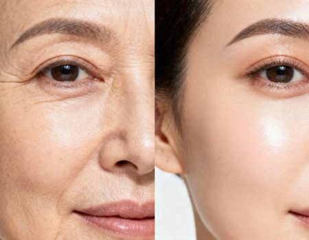 GHK-Cu peptide injection before and after skin transformation.