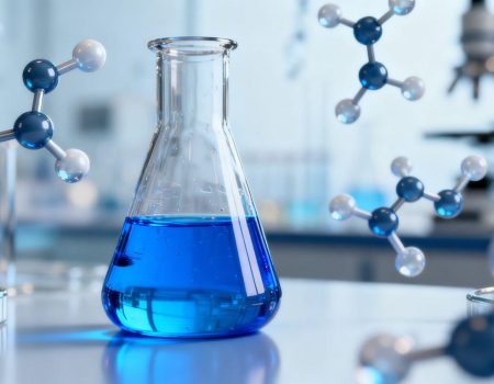 Laboratory peptide research with blue molecular structures