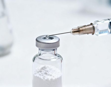 Peptide reconstitution process with syringe and vial.