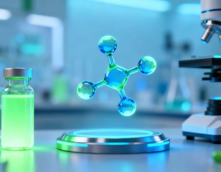 Futuristic lab with glowing molecules for weight loss drug discovery.