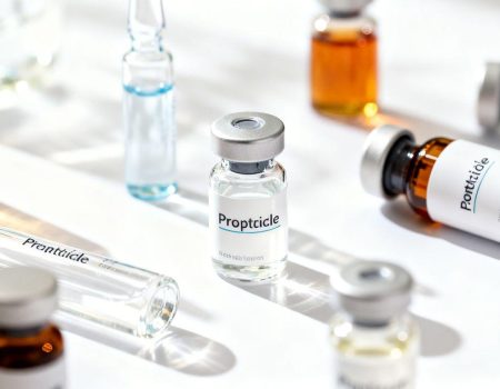 Peptide vials and bottles on a bright surface.