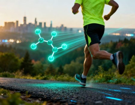 Person running, Retatrutide molecule, cityscape to nature transition.