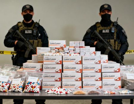 Seized weight loss drugs and evidence bags on a table.