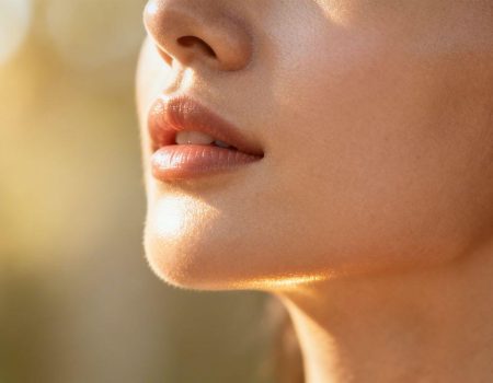 Healthy, glowing skin texture with soft lighting.
