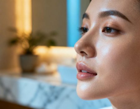 Woman with glowing skin after peptide facial treatment.