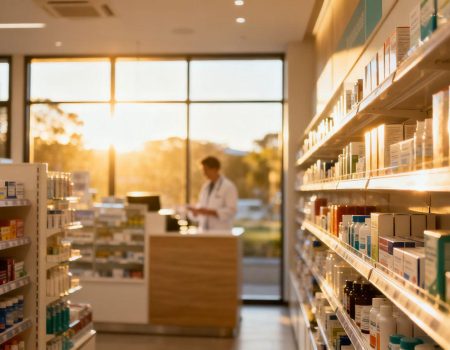 Australian pharmacy interior with health products and pharmacist.