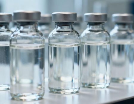 Vials of clear liquid on a lab bench.