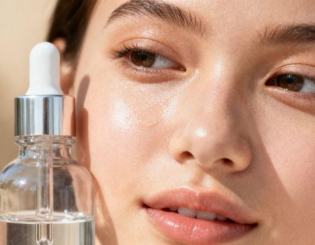 Woman's glowing skin with GHK-CU peptide serum bottle.