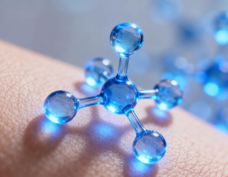 GHK-Cu peptide molecule glowing, skin texture background.