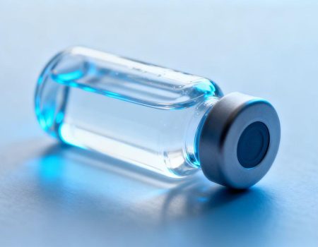Medical vial with clear liquid, research and healing.