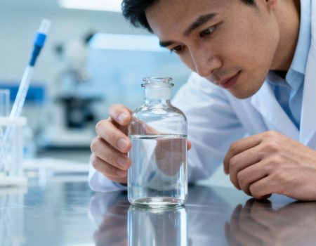 Chemist inspecting bacteriostatic water vial in a lab.