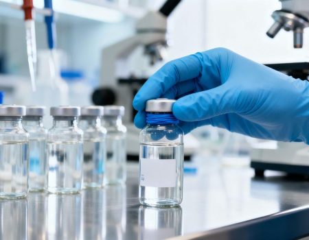Laboratory vials with clear liquid and a gloved hand.