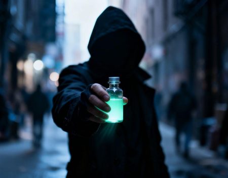Vial of unapproved weight-loss drug in a dark alley.