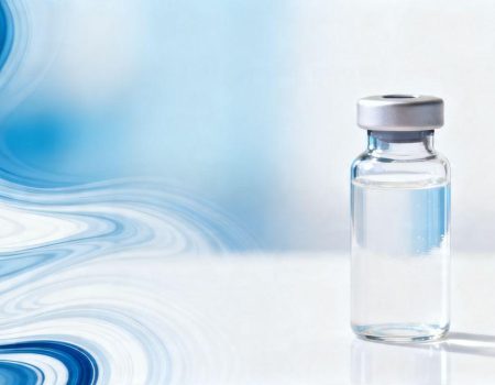 Vial with liquid and abstract scientific pattern