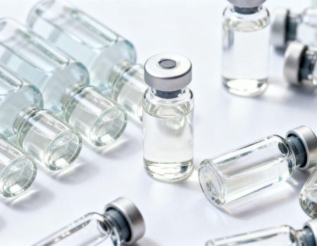 Peptide vials with clear liquid, suggesting a review.
