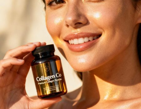 Woman with glowing skin holding collagen peptides bottle.