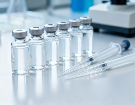 Peptide research lab with vials and equipment.