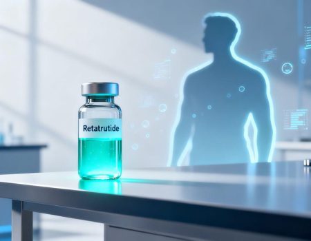 Retatrutide drug vial and transformation silhouette.