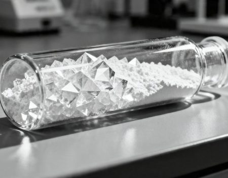 Laboratory vials with white powder for research.