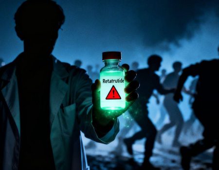 Vial of unapproved weight loss drug Retatrutide with warning.