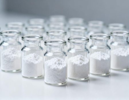 Vials of white powder for peptide research.