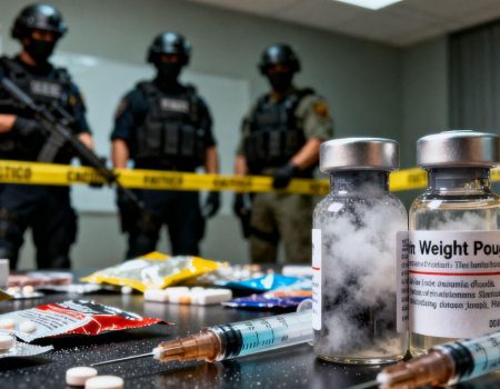 Police raid on illegal weight loss drug operation.