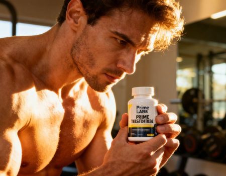 Man holding Prime Labs testosterone booster bottle in gym.