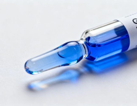 GHK-Cu peptide vial with blue liquid.