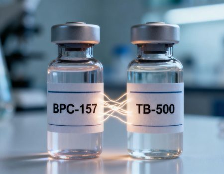 BPC-157 and TB-500 vials with connecting light lines.