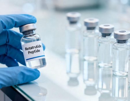 Retatrutide peptide vial in a sterile lab.
