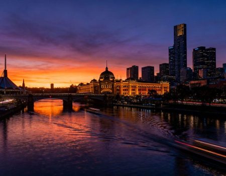 Melbourne skyline at dusk with Yarra River