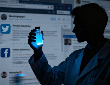 Vial of glowing blue drug with online forum background.