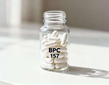 Bottle of BPC 157 capsules on a white surface.