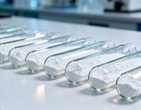 Vials of white peptide powder in a lab setting.