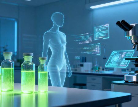 Futuristic lab with glowing vials and a slim silhouette.
