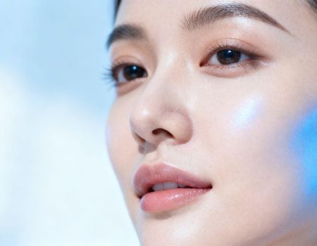Smooth, radiant skin with subtle blue glow.
