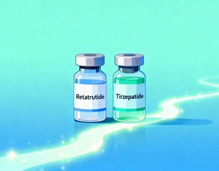 Retatrutide and Tirzepatide vials with a health pathway.