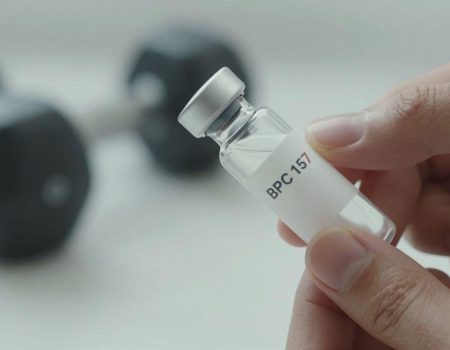 BPC 157 vial and dumbbell for recovery