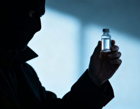 Unapproved weight-loss drug vial in a shadowy, illicit setting.