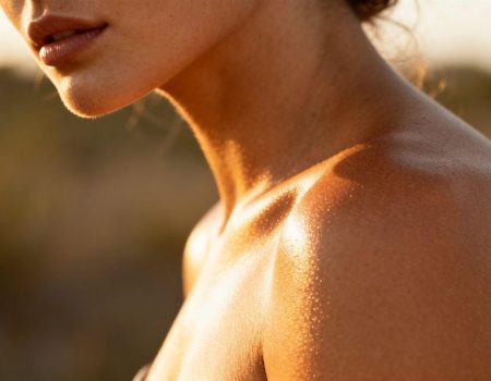 Close-up of tanned skin with a healthy glow.
