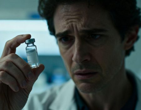 Person holding vial, concerned expression, medical setting.