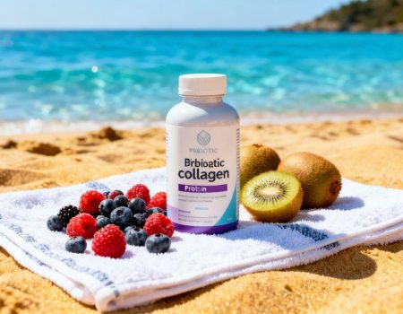 Australian beach with prebiotic collagen protein bottle.